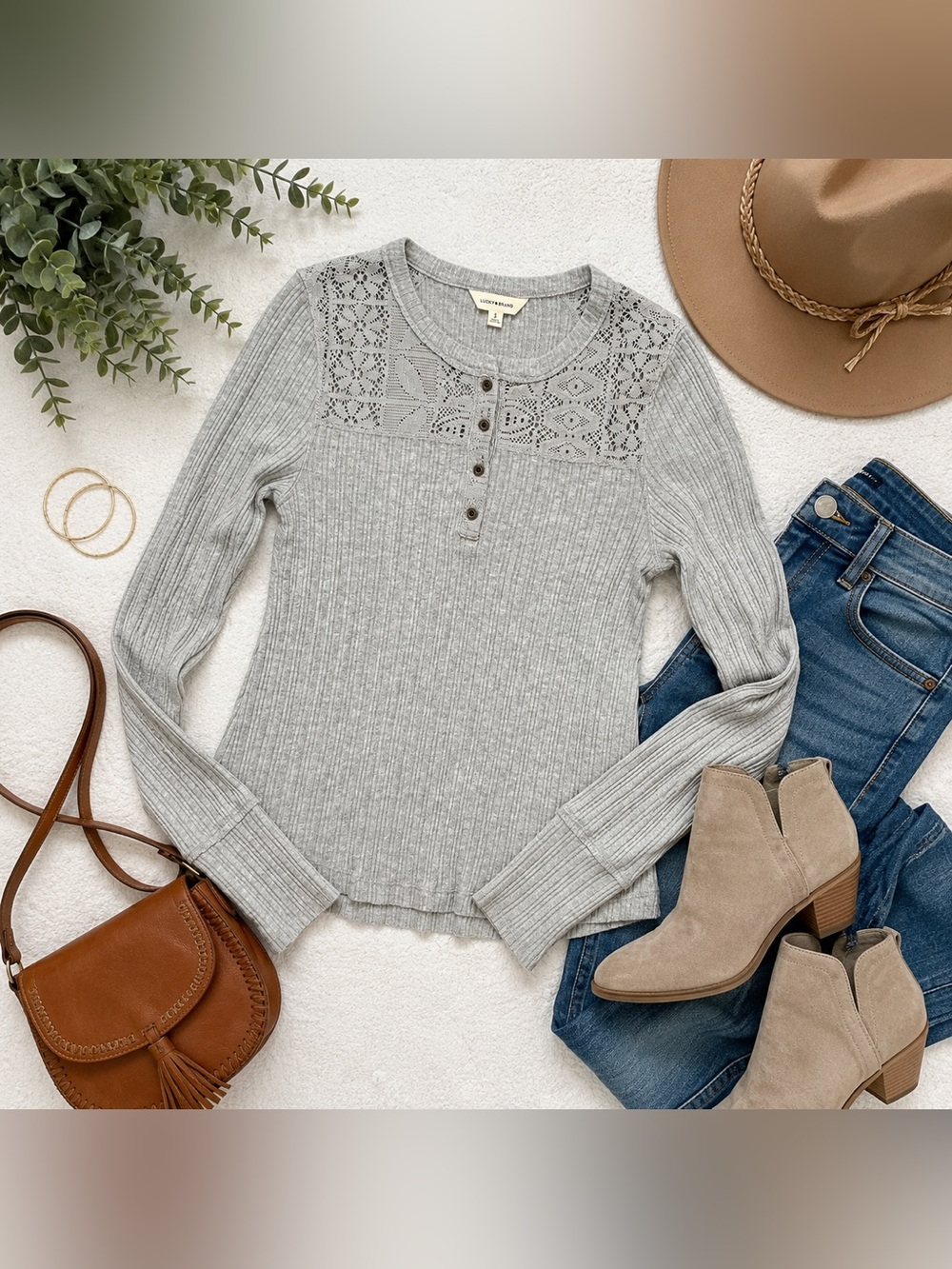 Lucky Brand Gray Ribbed Lace Yoke Henley Top Long Sleeve Boho Small